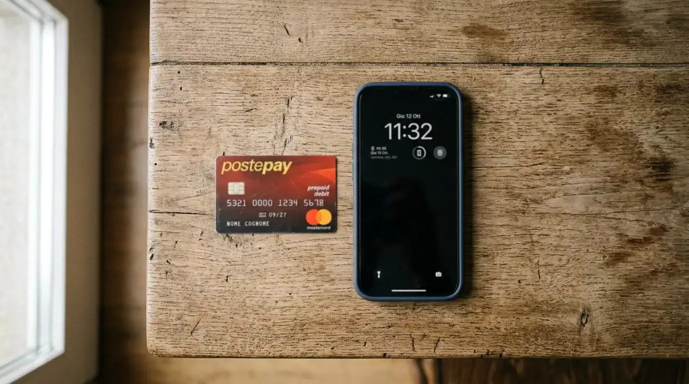 Carta prepagata generica appoggiata accanto a uno smartphone