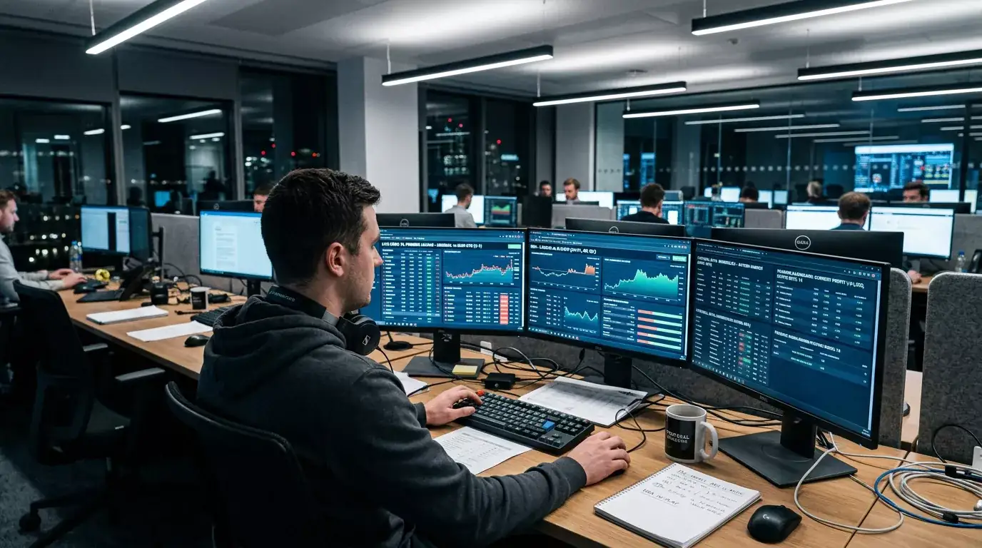Ufficio di un operatore di scommesse con monitor che mostrano andamenti sportivi