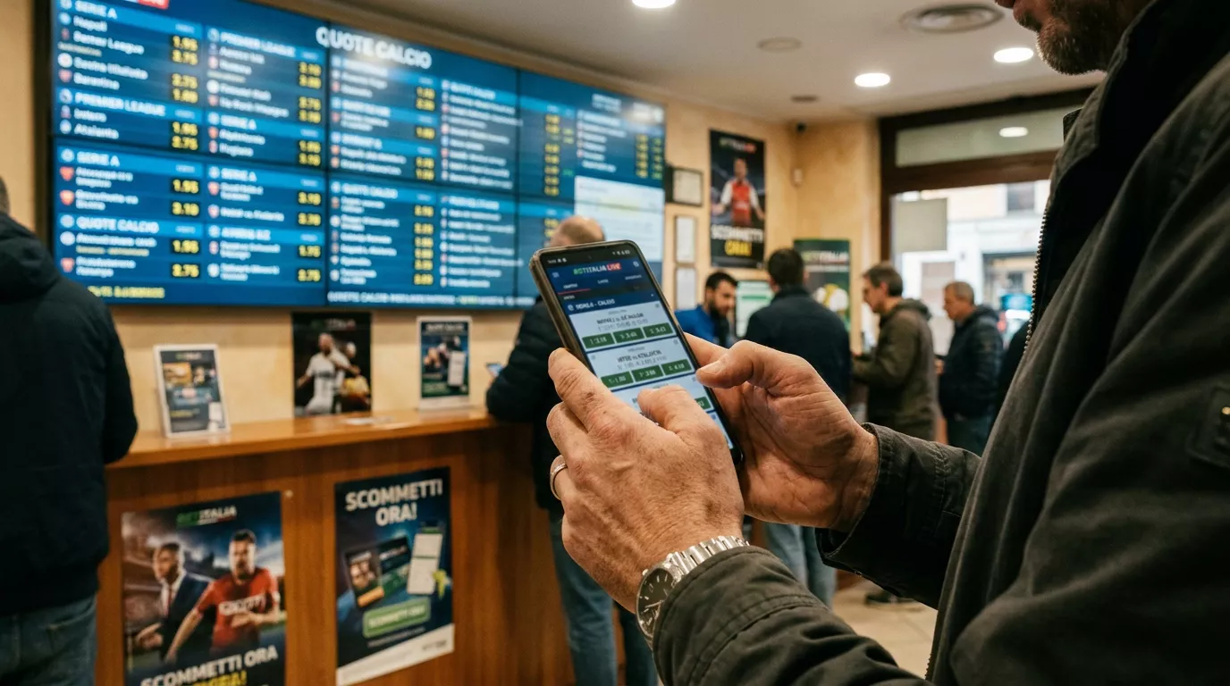 Persona confronta le quote sullo smartphone e su un tabellone in agenzia
