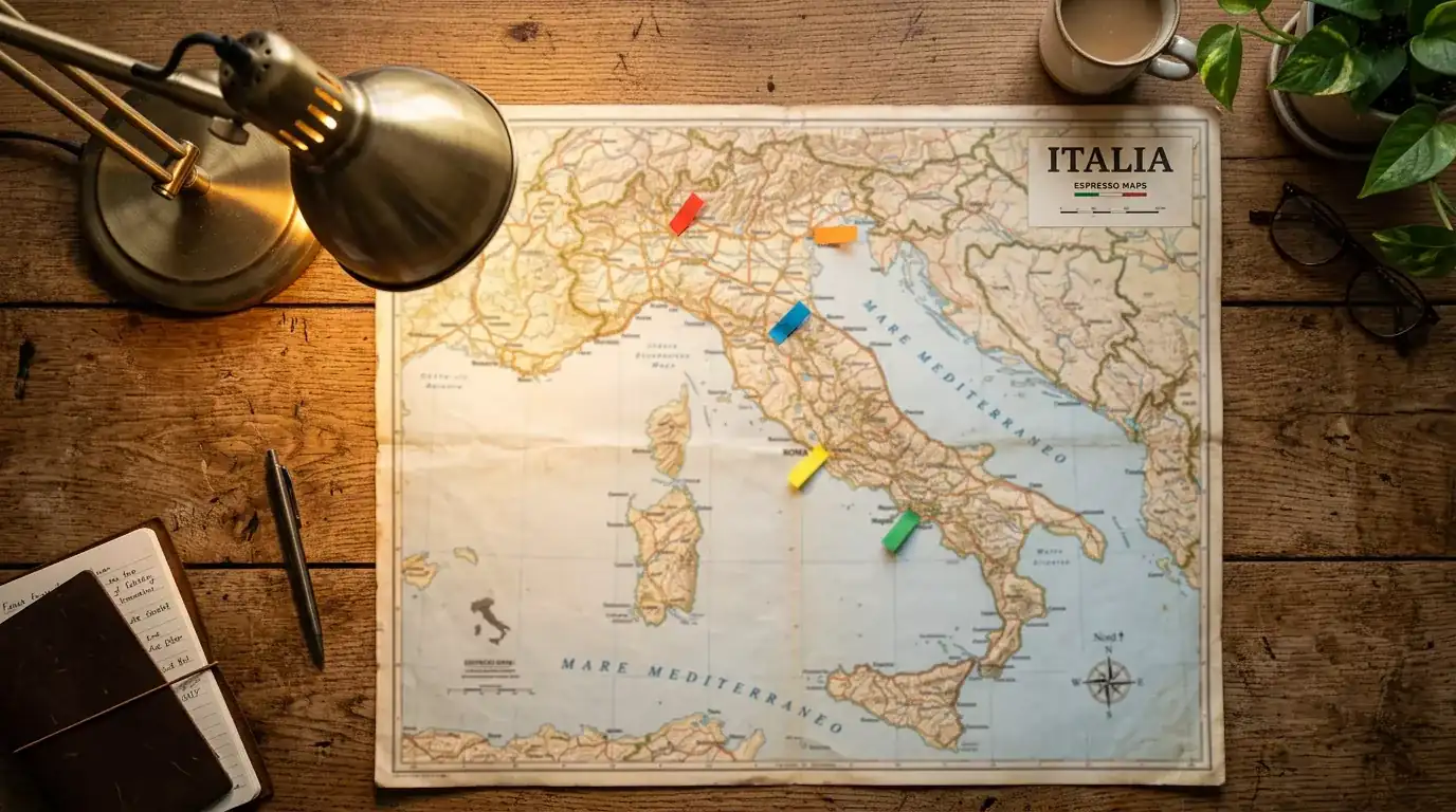 Mappa dell'Italia con alcune regioni evidenziate da segnaposto