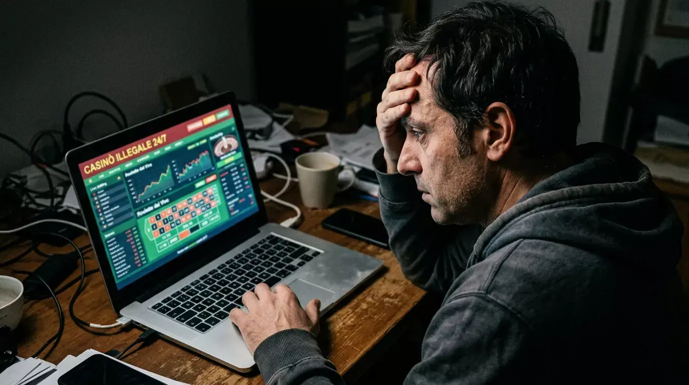 Persona preoccupata davanti a uno schermo dopo un problema con un sito illegale