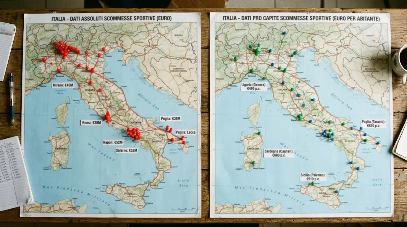 Due mappe affiancate dell'Italia che confrontano dati assoluti e pro capite