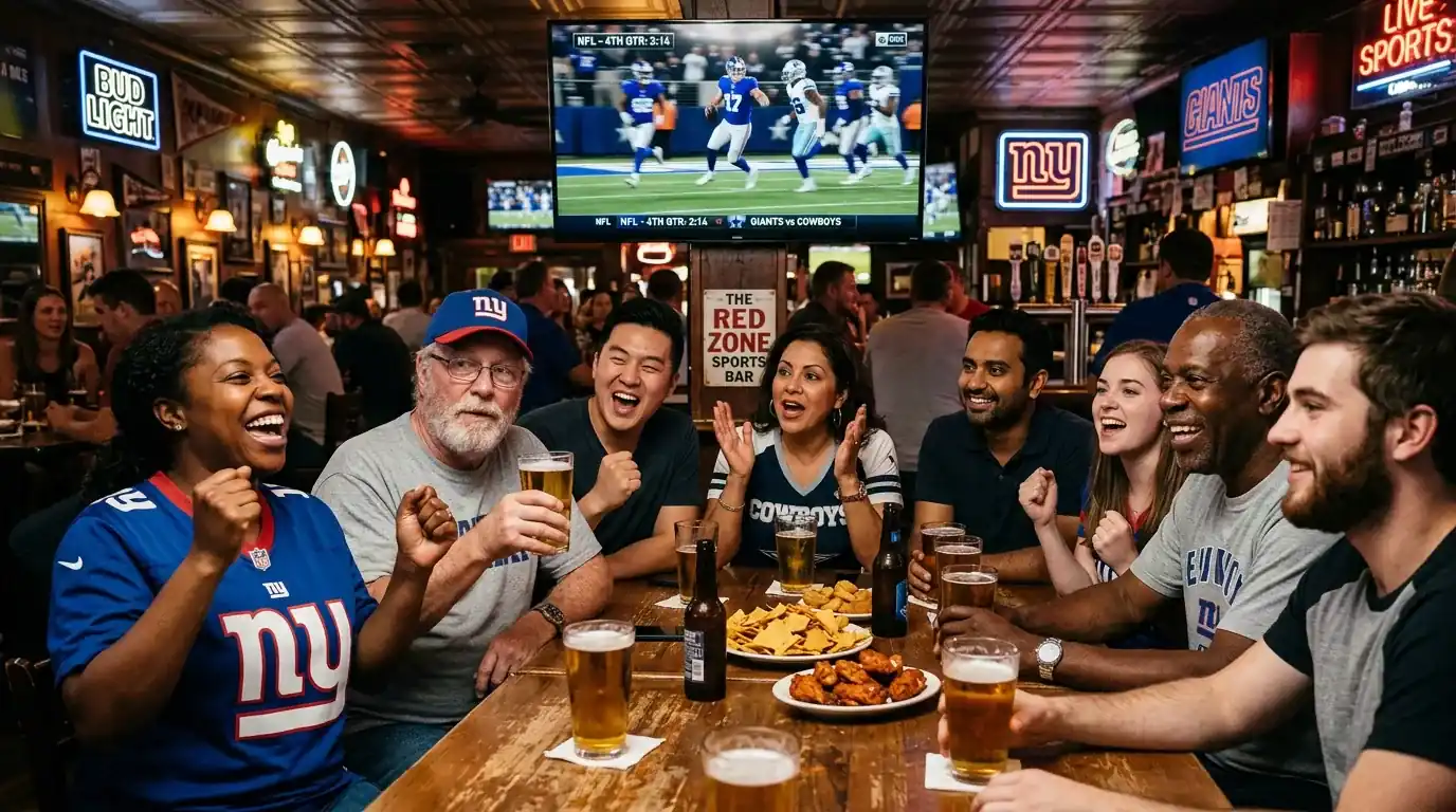 Persone di eta diverse seguono una partita di calcio in un bar