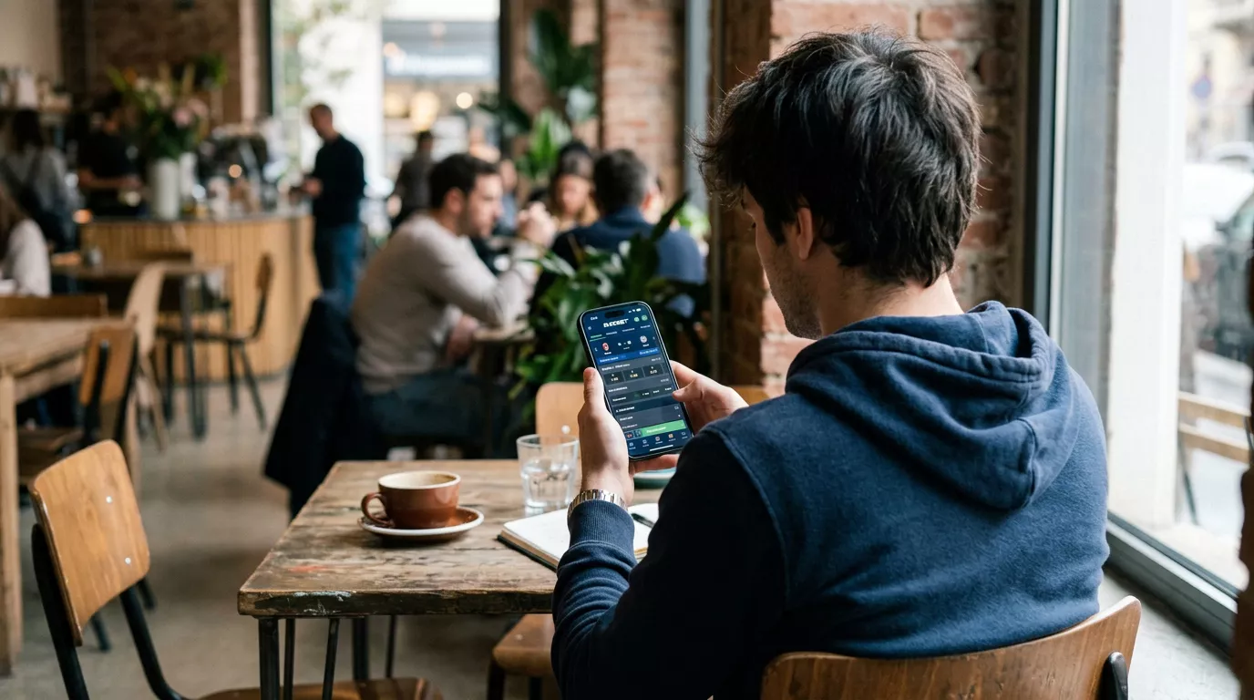 Giovane adulto usa un'app di scommesse calcio sullo smartphone