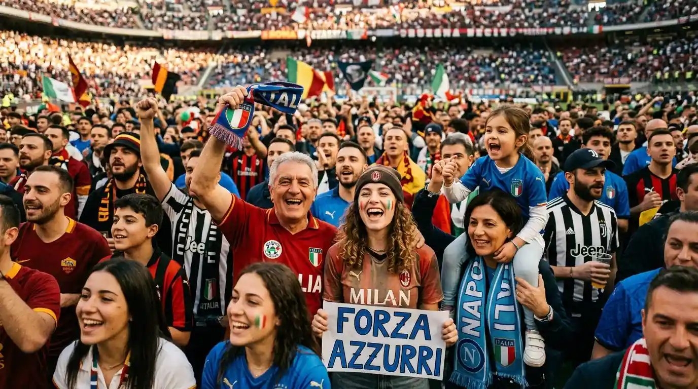 Pubblico eterogeneo di tifosi di calcio ripreso in un ambiente conviviale