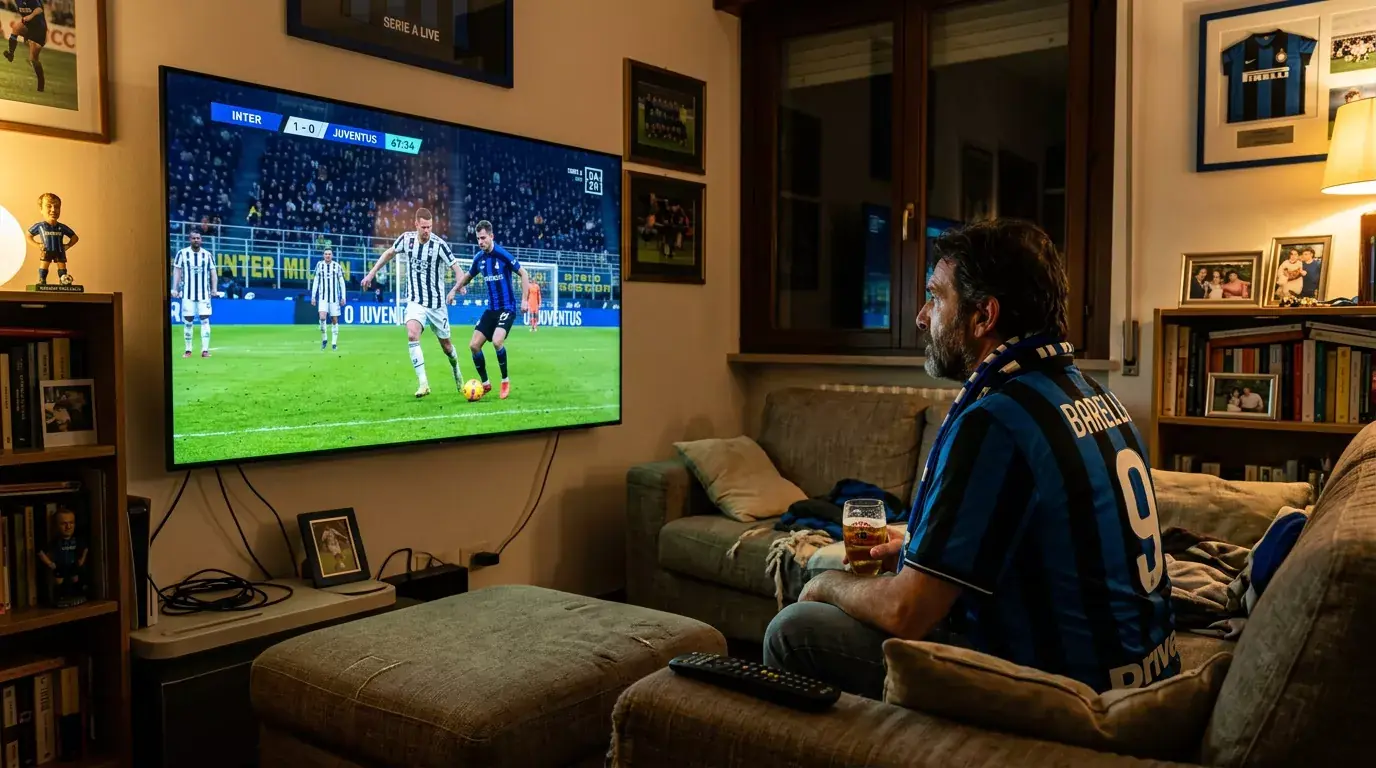 Tifoso segue l'evoluzione della stagione di calcio su un grande schermo