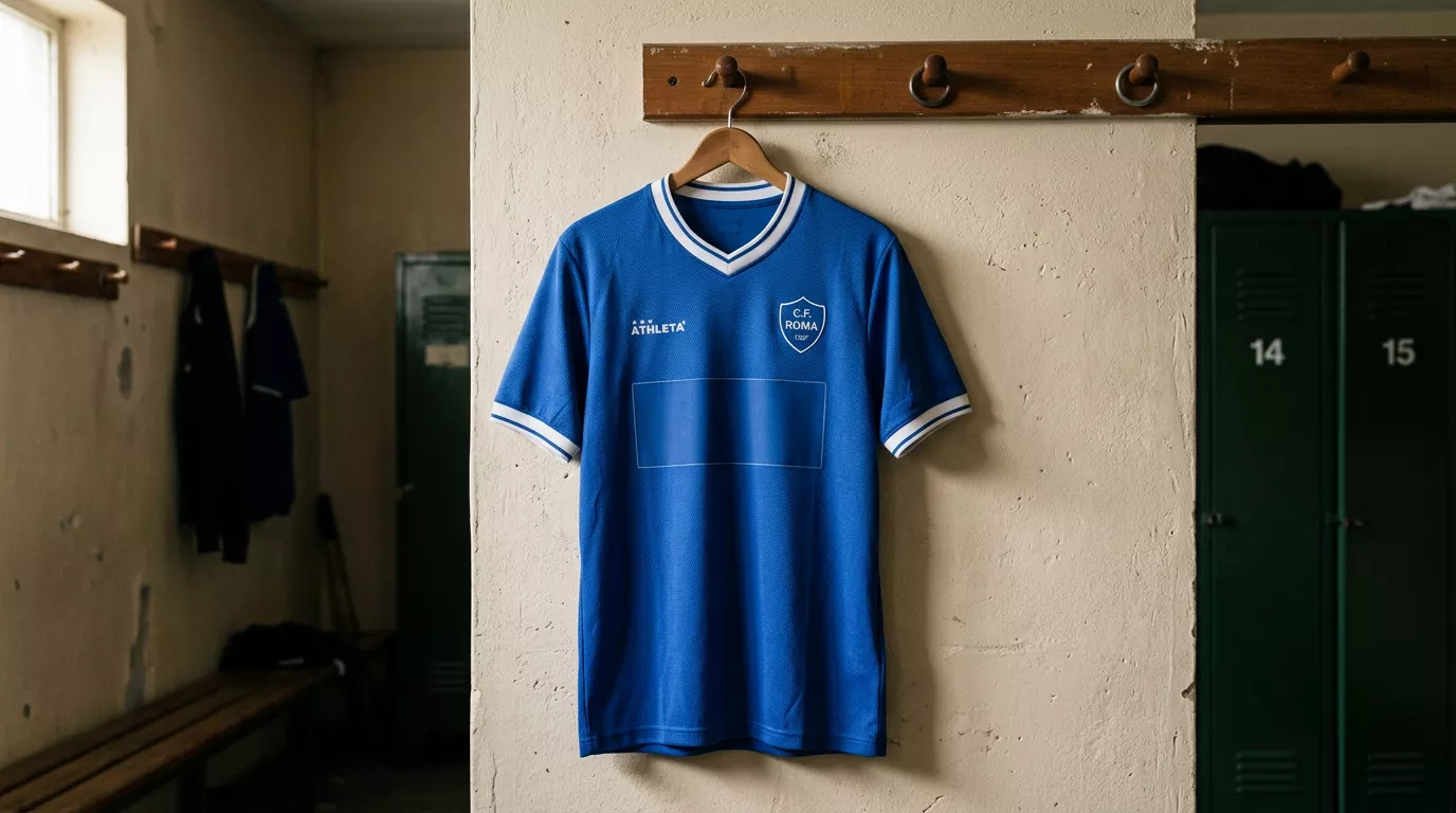 Maglia da calcio senza sponsor sul petto appesa in primo piano