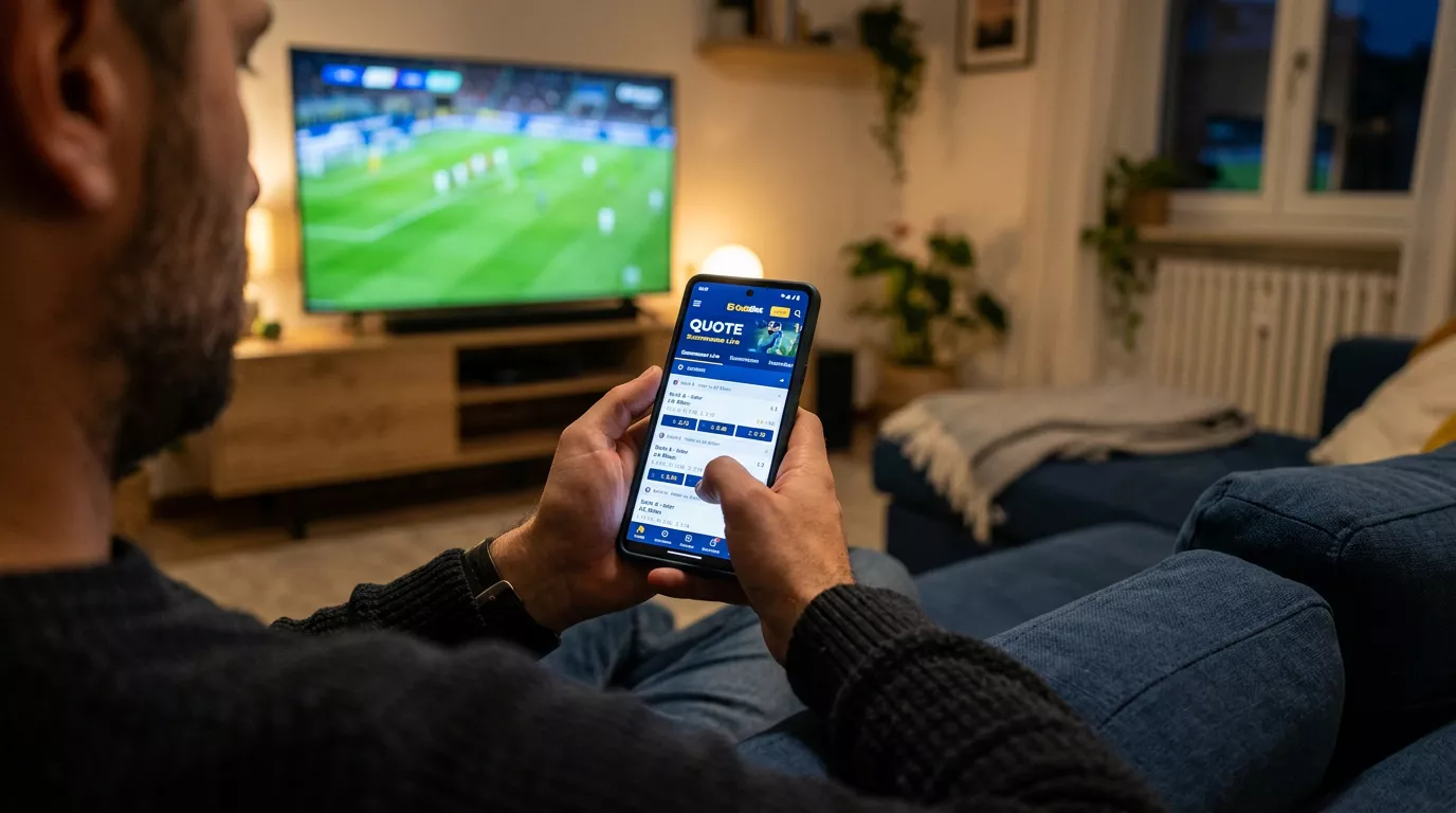 Scommettitore usa l'app mobile di un bookmaker calcio per confrontare quote prima del fischio d'inizio