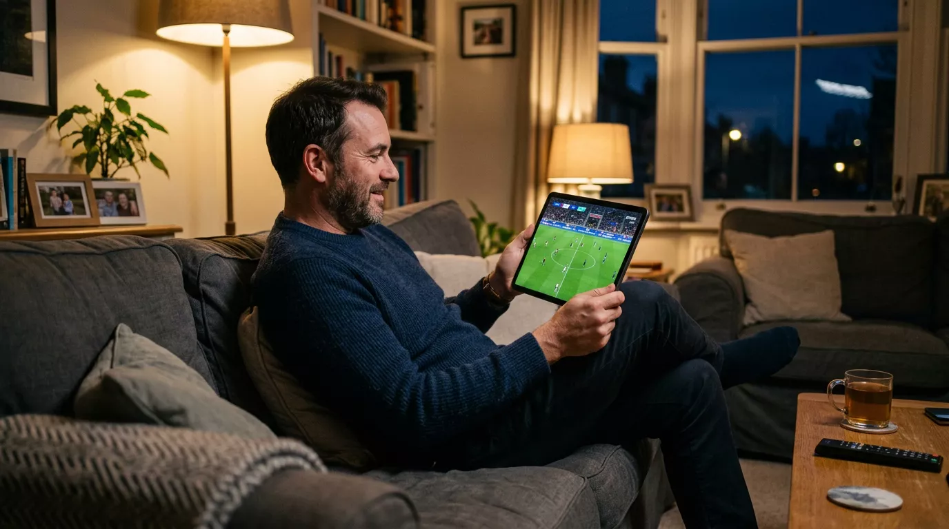 Persona guarda una partita di Serie A in streaming su un tablet sul divano