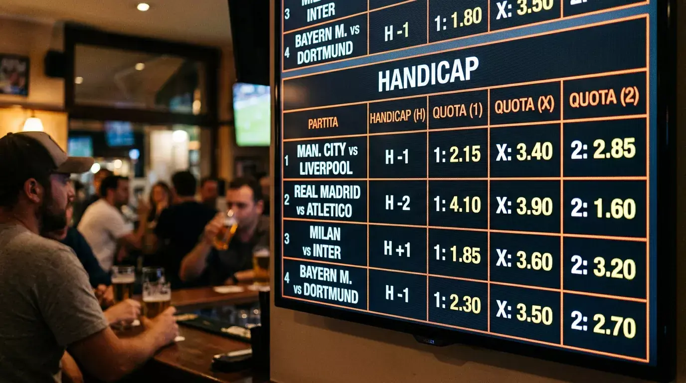 Tabellone con le linee di handicap europeo applicate al favorito di una sfida sbilanciata di Serie A